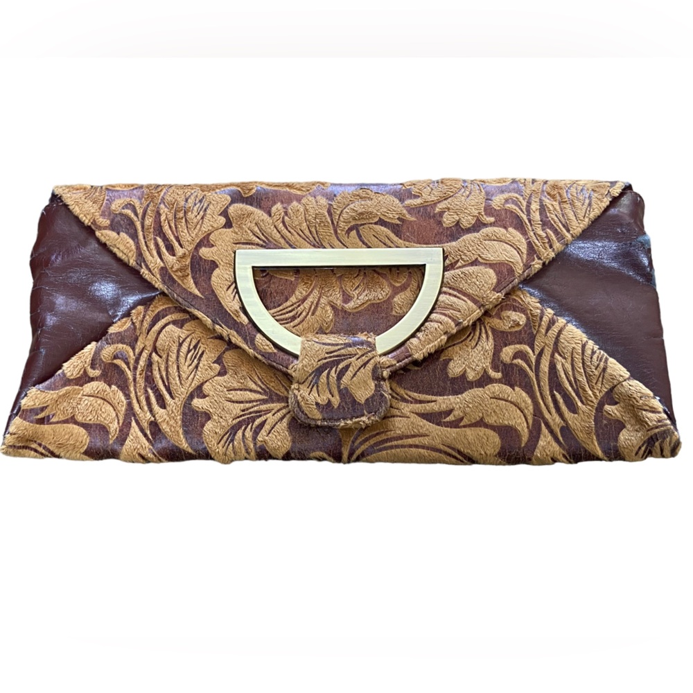 Liz Soto Handbags Brown Velvet Western Retro Clutch Purse AGED WORN Leaves